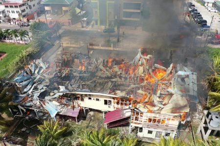 Sergeant Clifford George of the Guyana Police Force took these drone shots of the fire yesterday morning at the Guyana Prison Service dormitory on Parade Street, Kingston. 