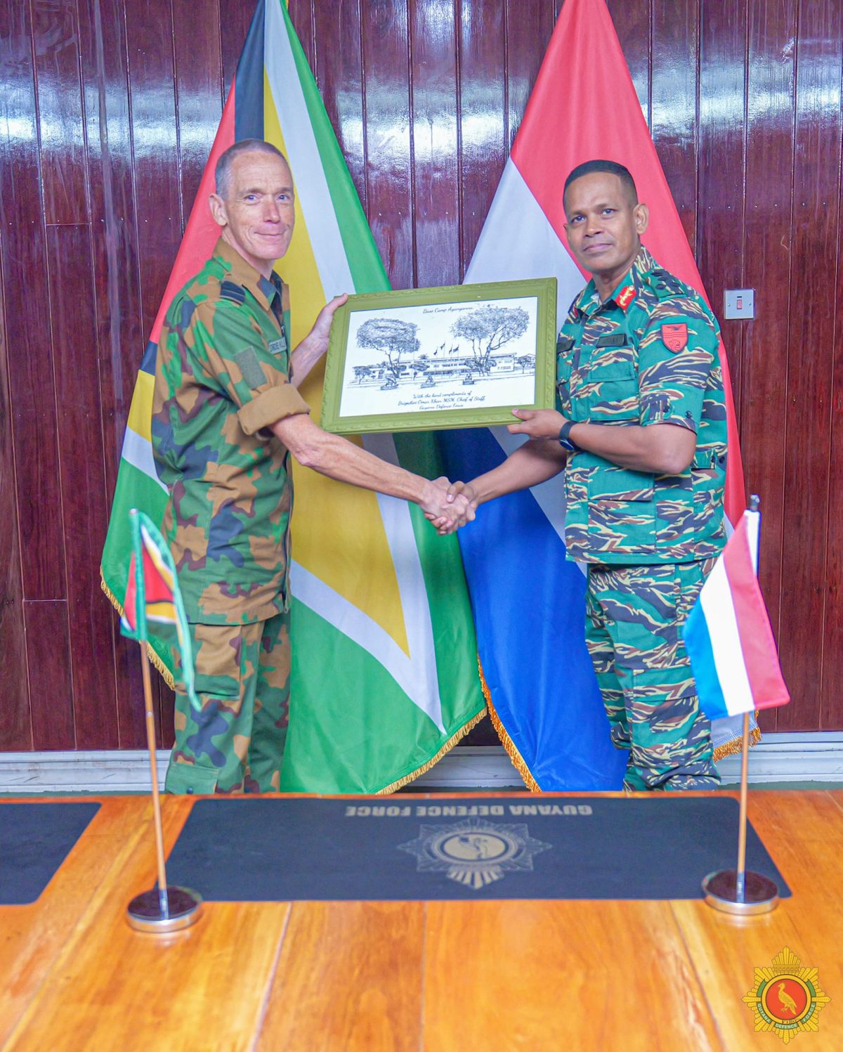 GDF Chief of Staff Brigadier Omar Khan (right) with the Netherlands’ Defence Attaché for Suriname and Guyana, Commander (Navy) Geordie Klein. (GDF photo)