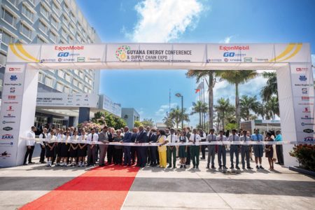 Not too young to know: Uniformed schoolchildren at the ribbon cutting ceremony to mark the opening of Guyana’s Third International Oil and Gas conference 