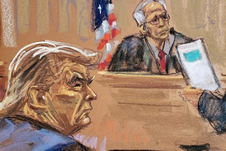 FILE PHOTO: U.S. President Donald Trump and Justice Arthur Engoron of the state Supreme Court listen to opening arguments from his lawyer Alina Habba (not seen), during the trial of Trump, his adult sons, the Trump Organization and others in a civil fraud case brought by state Attorney General Letitia James, at a Manhattan courthouse, in New York City, U.S., October 2, 2023 in this courtroom sketch. REUTERS/Jane Rosenberg