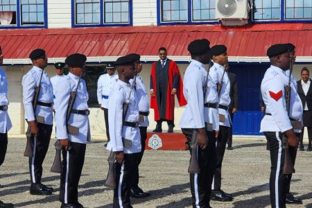 The Ceremonial Opening Session of the Essequibo Assizes of the High Court of the Supreme Court of Judicature  was held at the Richard Faikal Police Academy tarmac on Tuesday. The opening was presided over by Justice Navindra Singh  who will be hearing cases in the High Court at Suddie. (Police photo)

