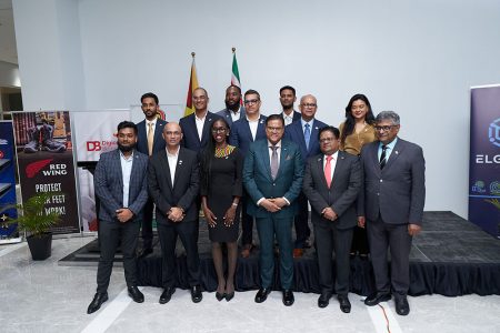 Suriname’s President Chandrikapersad Santokhi is third from right in the front row. Finance Minister Dr Ashni Singh is second from right in the front row.