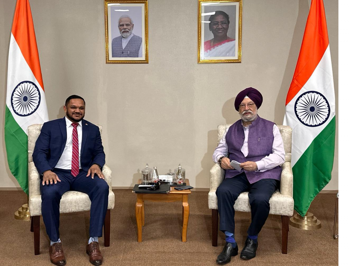 Union minister Hardeep Singh Puri (right) with Guyanese minister for natural resources Vickram Bharrat at the India Energy Week in Quitol, Goa, on Thursday, February 8, 2024.Credit: X/@HardeepSPuri Quitol (Goa)