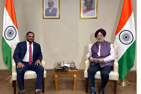 Union minister Hardeep Singh Puri (right) with Guyanese minister for natural resources Vickram Bharrat at the India Energy Week in Quitol, Goa, on Thursday, February 8, 2024.Credit: X/@HardeepSPuri Quitol (Goa)