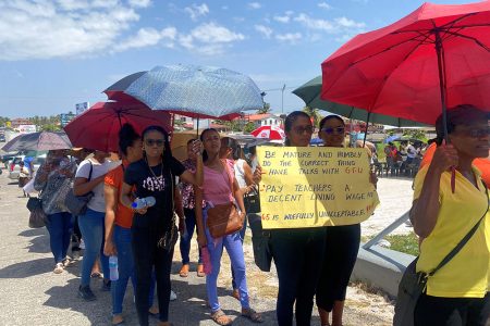 A teacher displaying her placard 
