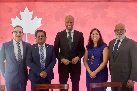 From L to R are: High Commissioner of Canada to Guyana,  Mark Berman; Senior Minister in the Office of the President with Responsibility for Finance and the Public Service, Dr. Ashni Singh; Canada’s Minister of International Development, Ahmed Hussen, IDB Country Representative, Lorena Solórzano Salazar; and General Manager, IDB Caribbean Country Department, Anton Edwards
 
