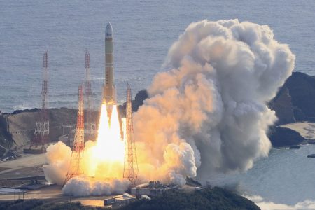 An aerial view shows a second test model of H3 rocket lift off from the launching pad at Tanegashima Space Center on the southwestern island of Tanegashima, Kagoshima Prefecture, Japan February 17, 2024, in this photo taken by Kyodo. Mandatory credit Kyodo via REUTERS