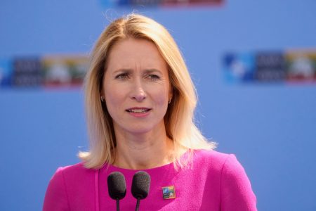 FILE PHOTO: Estonian Prime Minister Kaja Kallas addresses media ahead of a NATO leaders summit in Vilnius, Lithuania July 11, 2023. REUTERS/Ints Kalnins/File Photo