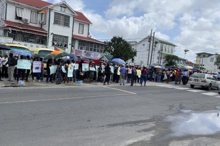 Teachers outside the ministry yesterday
