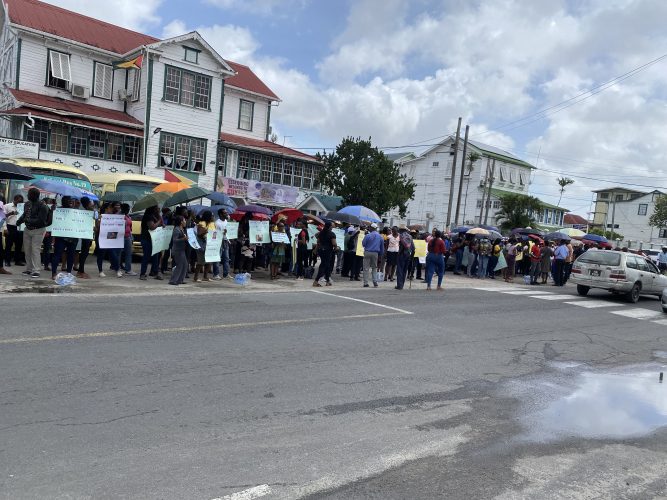 Teachers outside the ministry yesterday
