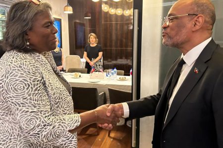 Linda Thomas-Greenfield (left) meeting with Haitian Prime Minister Ariel Henry (US Embassy photo)
