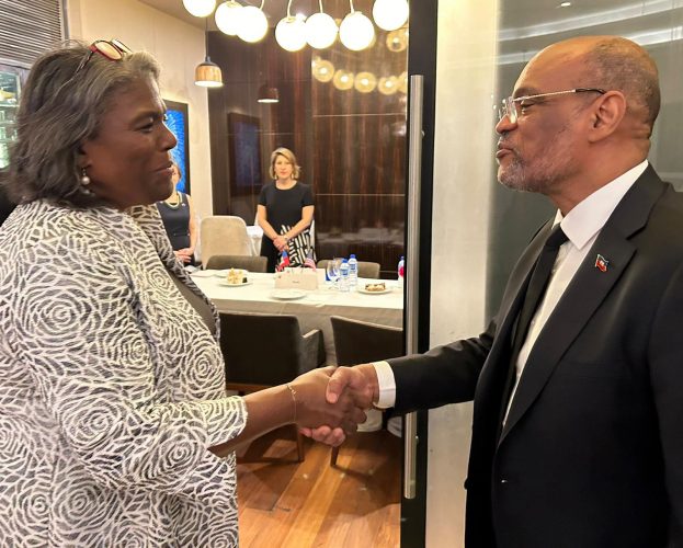 Linda Thomas-Greenfield (left) meeting with Haitian Prime Minister Ariel Henry (US Embassy photo)