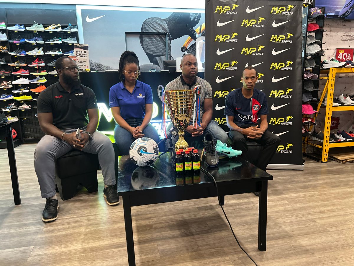 L-R: Orange Dainty of TechPro, Denita Prowell of ANSA McAl, organiser Edison Jefford and MVP Sports’ Selvin Apple at the launch of the Mash Cup Street Football tournament