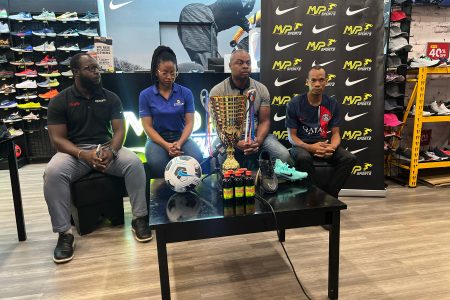 L-R: Orange Dainty of TechPro, Denita Prowell of ANSA McAl, organiser Edison Jefford and MVP Sports’ Selvin Apple at the launch of the Mash Cup Street Football tournament