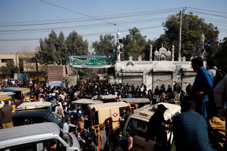 Supporters of former prime minister Imran Khan's party, the Pakistan Tehreek-e-Insaf (PTI), protest outside the temporary election commission office demanding free and fair results of the election at Shahdarah in Lahore, Pakistan, February 9, 2024. REUTERS/Navesh Chitrakar