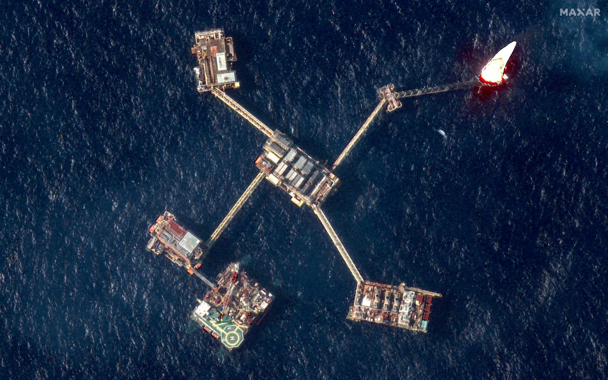 Natural gas is being burnt off from the Zaap-C platform operated by Mexican state energy company Petroleos Mexicanos, or Pemex, in the Bay of Campeche, Gulf of Mexico, February 15, 2020. Maxar Technologies/Handout via REUTERS