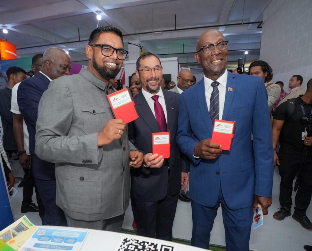 President Irfaan Ali (left) with Trinidadian Prime Minister Keith Rowley (right) and Trinidadian Energy Minister Stuart Young