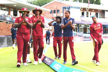 Windies U-19 players giving themselves a round of applause after the no result in yesterday’s must-win match against Australia. (Windies Cricket photo)