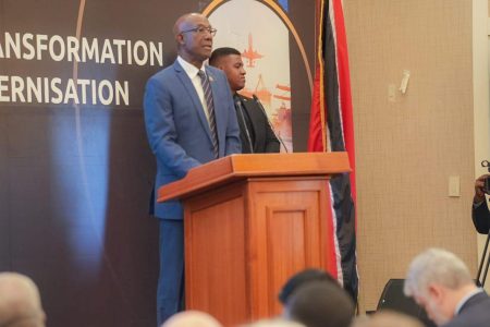 Trinidadian Prime Minister, Keith Rowley speaking at the conference (Office of the President photo)