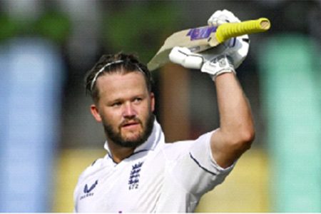 England's Ben Duckett
celebrates after scoring a
century (100 runs) during the second day of the third Test cricket match between India and England at the Niranjan Shah Stadium in Rajkot on February 16, 2024
Image credit: Getty Images
