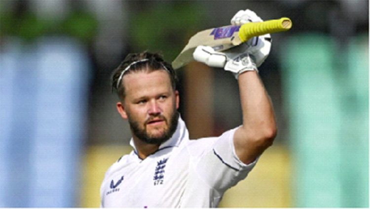 England's Ben Duckett
celebrates after scoring a
century (100 runs) during the second day of the third Test cricket match between India and England at the Niranjan Shah Stadium in Rajkot on February 16, 2024
Image credit: Getty Images
