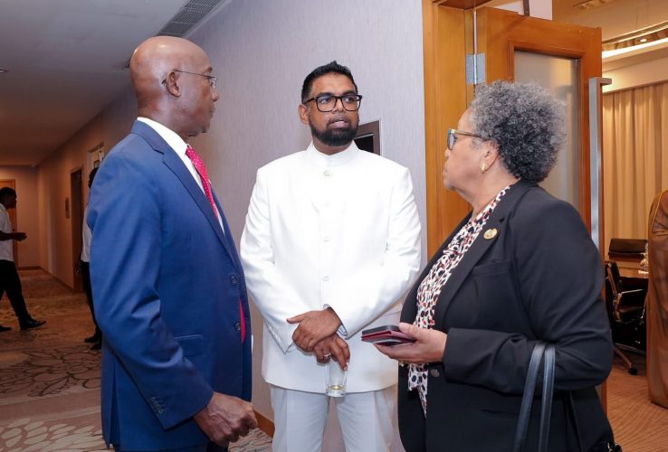 T&T Prime Minister Dr Keith Rowley, left, and Caricom Secretary-General Dr Carla Barnett, right, listen to Guyana President Dr Irfaan Ali during the Caricom Heads of Government Meeting in Guyana, yesterday.