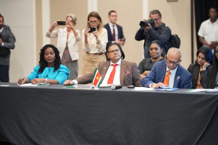 Suriname’s President Chandrikapersad Santokhi is at centre (Office of the President photo)
.