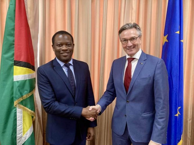 Minister of Foreign Affairs Hugh Todd (left) and EU Ambassador, René van Nes at the meeting on Tuesday. (Ministry of Foreign Affairs photo)