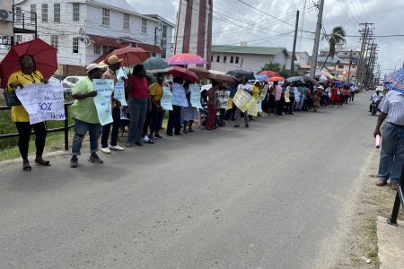 The teachers who picketed on Water Street in front of the lighthouse yesterday.