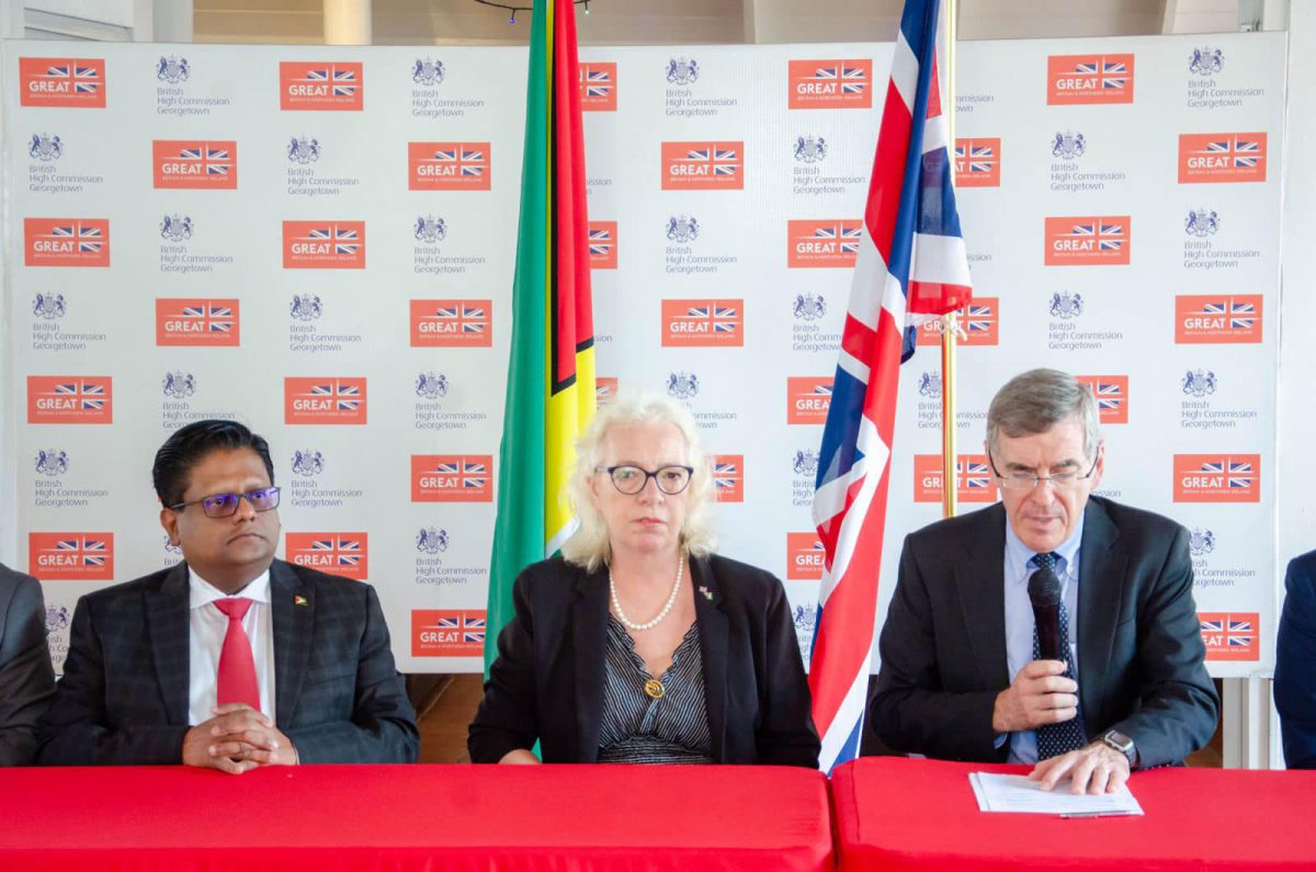From right are UK’s Minister for the Americas, David Rutley; UK High Commissioner to Guyana, Jane Miller and Minister of Finance, Dr Ashni Singh (Ministry of Finance photo)
