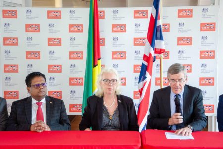 From right are UK’s Minister for the Americas, David Rutley; UK High Commissioner to Guyana, Jane Miller and Minister of Finance, Dr Ashni Singh (Ministry of Finance photo)
