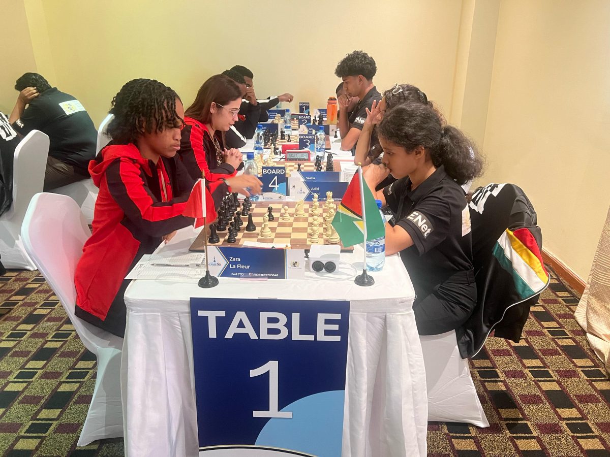 Guyana’s youngest player, 13-year-old Aditi Joshi (right), in action at the CARICOM Classic Chess Tournament.
