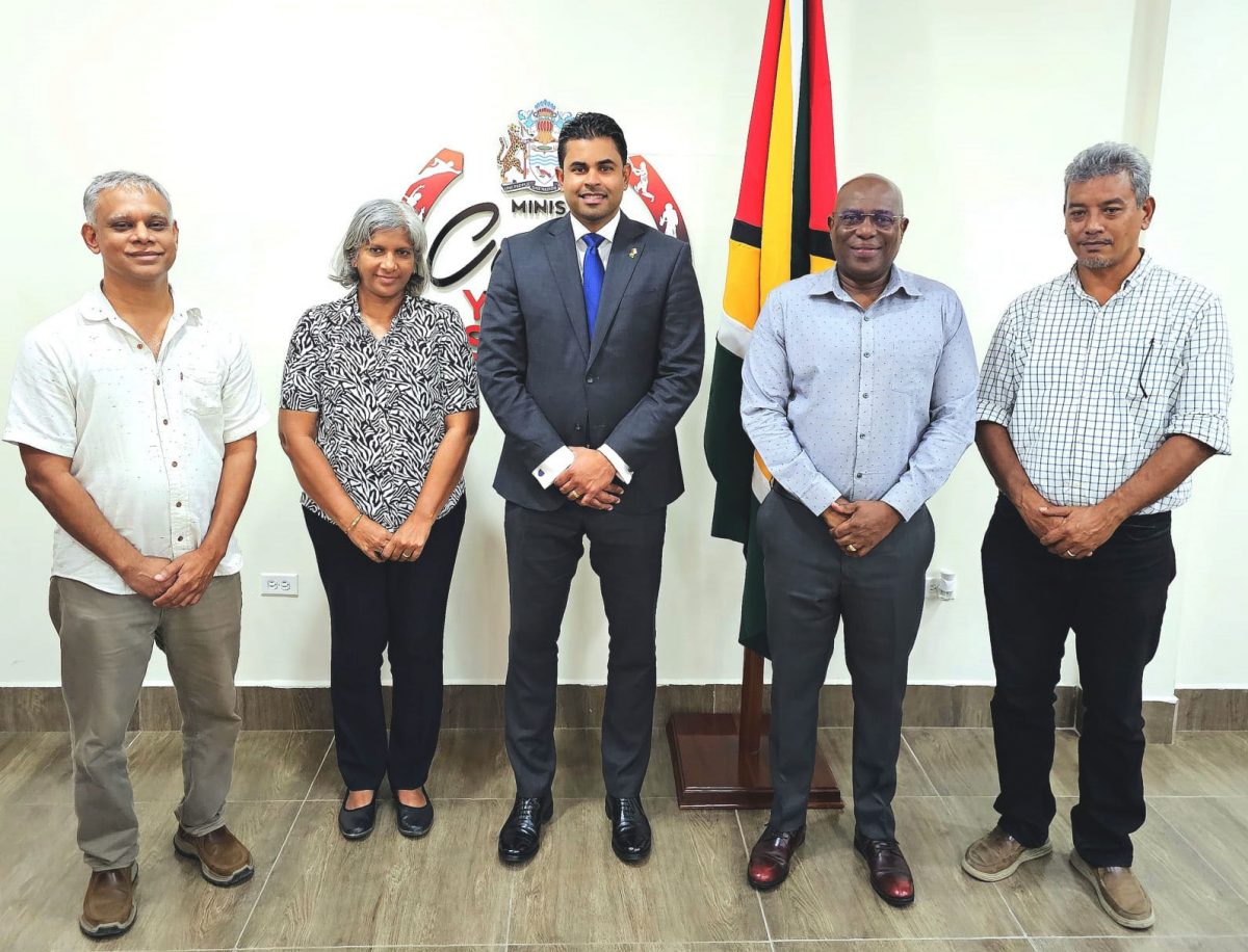 Members of the Guyana Chess Federation posing alongside Minister of Culture, Youth, and Sport Charles Ramson (centre) and Director of Sports Steve Ninvalle (2nd from right)
