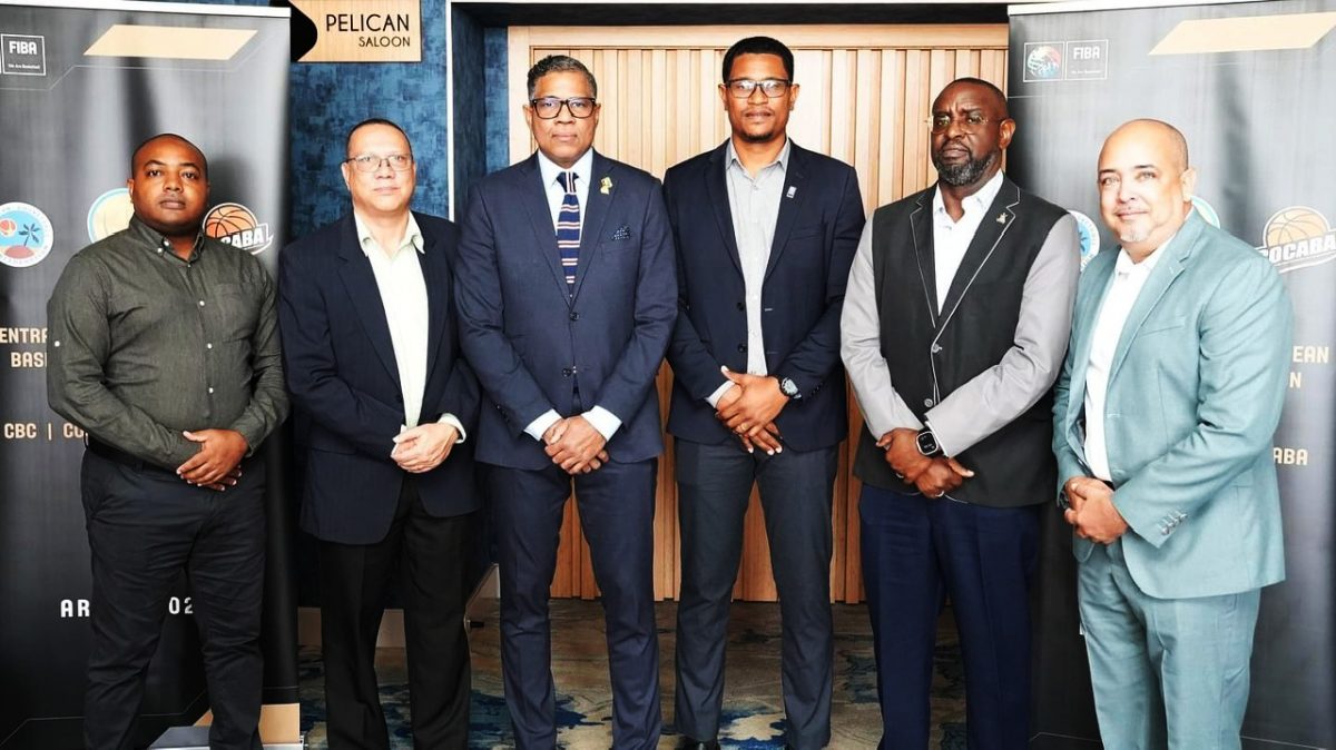 GBF President Michael Singh (1st from right) and Vice President Jermaine Slater (3rd from right) posing with officials from their counterparts from Suriname and Trinidad and Tobago following the inking of the MoU. Also in the photo is Patrick Haynes (4th from right), President of the Central American and Caribbean Basketball Confederation (CONCENCABA).