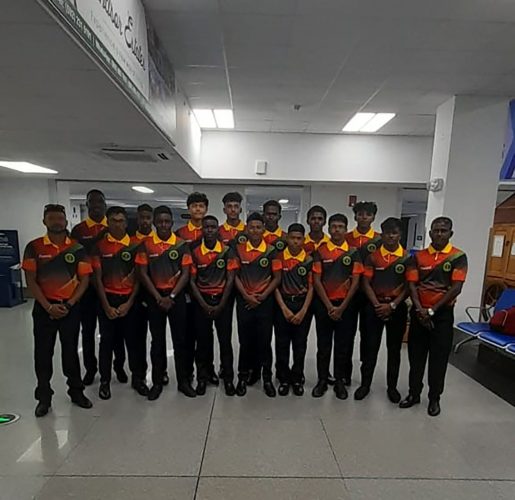 The Guyana U-15 cricket team prior to their departure from the Cheddi Jagan International Airport yesterday
