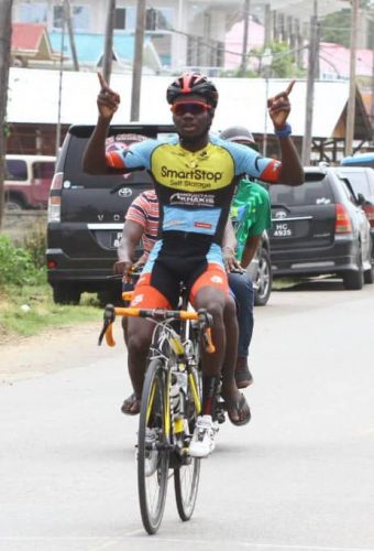 Flashback! Shaquel Agard celebrates after winning the Berbice leg of the Jagan’s Memorial Cycling Road Race.