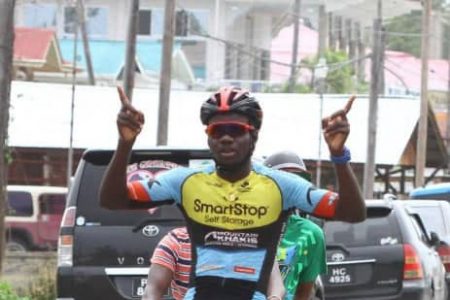 Flashback! Shaquel Agard celebrates after winning the Berbice leg of the Jagan’s Memorial Cycling Road Race.