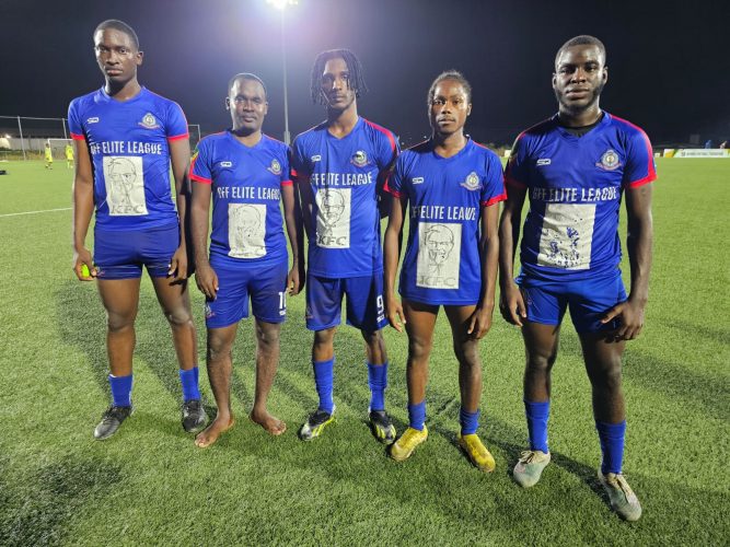 Police scorers from left: Threvon Pluck, Pernel Schultz, Nicholas MacArthur, Dorwin George, and Jemar Harrigon