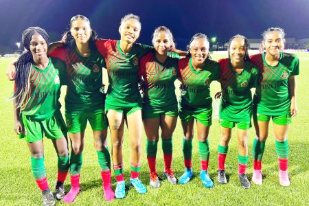 Magnificent 7! GDF’s record-breaking crew, who scored 28 goals against the Pakuri Warriors, from left: Sandra Johnson, Shenessa Cornelius, Jalade Trim, Glengie Lewis, Sherlyn Kingston, Kellyann Niles, and Glendy Lewis
