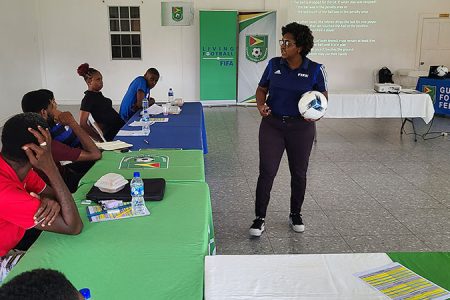 GFF Referee Instructor/Assessor Natasha Lewis makes a point during a recently staged official’s workshop.
