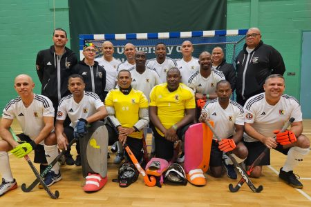 Team Guyana, who recorded a perfect group stage record in the over-45 division of the Indoor Hockey Masters World Cup
