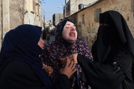 Mother of the Palestinian twins Wesam and Naeem Abu Anza, who were born during the conflict between Israel and Hamas and were killed in Israeli air strikes, reacts during their funeral, in Rafah. (Reuters)
