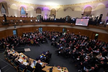 Archbishop of Canterbury Justin Welby delivers the Presidential Address at the opening session of the Church of England General Synod, in London, Britain, February 23, 2024. REUTERS/Toby Melville/File Photo