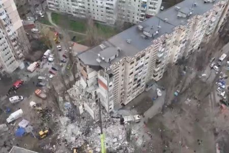 Drone view shows rescue crews working at the site of a residential building heavily damaged by a Russian drone strike that killed several residents, amid Russia’s attack on Ukraine, in Odesa March 2, 2024 in this still image from handout video. (Reuters photo)