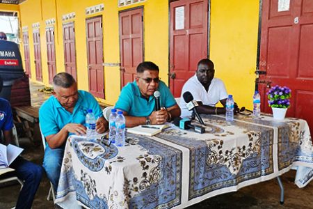 Minister of Agriculture Zulfikar Mustapha (holding mic) at an outreach in D’Edward, West Coast Berbice (DPI photo) 