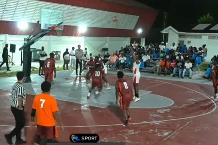 A scene from the Eagles and Ravens clash in game
two of the ‘One Guyana’ Basketball League Championship final