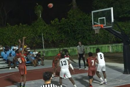 A scene from the Ravens and Eagles encounter in game one of the best of three series in the ‘One Guyana’ Basketball League Championship