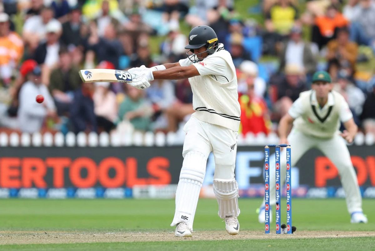 Rachin Ravindra pulls through the leg-side during his unbeaten 56 as he took the fight to the Australians in the second innings
