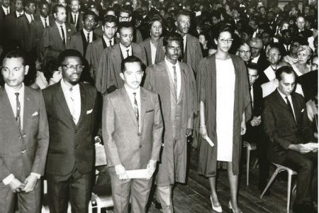 The first group of students to graduate from the University of Guyana in 1967 at the Institution’s Convocation Ceremony held at Queen’s College