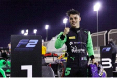 Barbadian race car driver Zane Maloney celebrates after winning his maiden F2 race on Friday in Bahrain. (F2 photo)